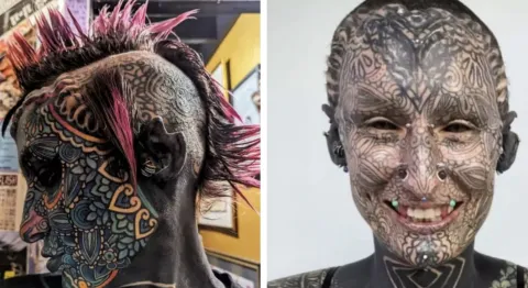 A “mulher mais tatuada do mundo”, com 99,8% do corpo coberto, compartilha como era antes