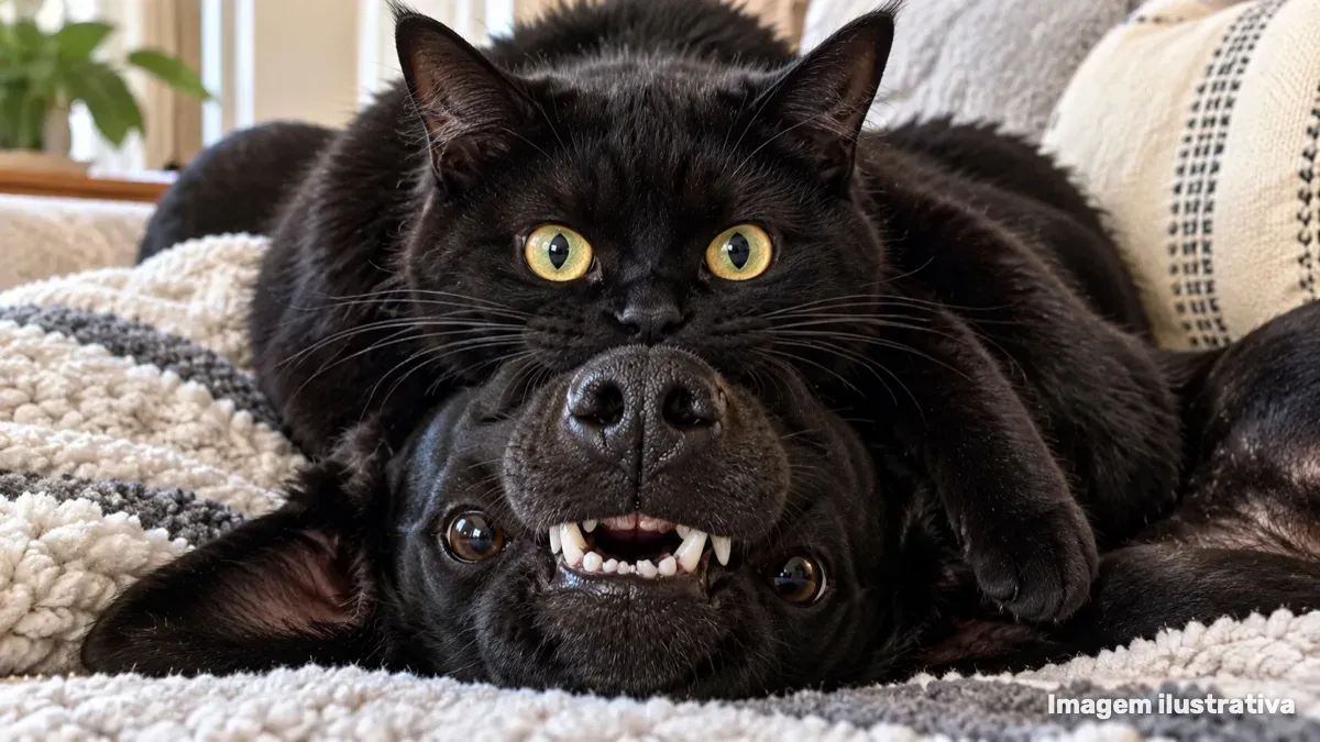 Foto de gato e cachorro pretos cria ilusão de um único anima