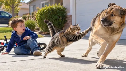 Gata ataca cachorro para salvar menino de 4 anos e tem ação registrada por câmeras
