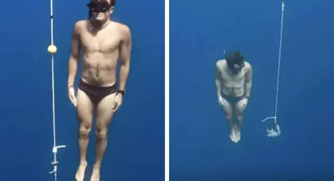 Homem mergulha 20 metros abaixo da superfície do oceano para