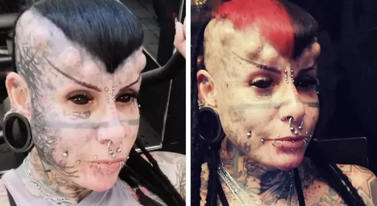 Mulher que tem o corpo inteiro coberto por tatuagens para se