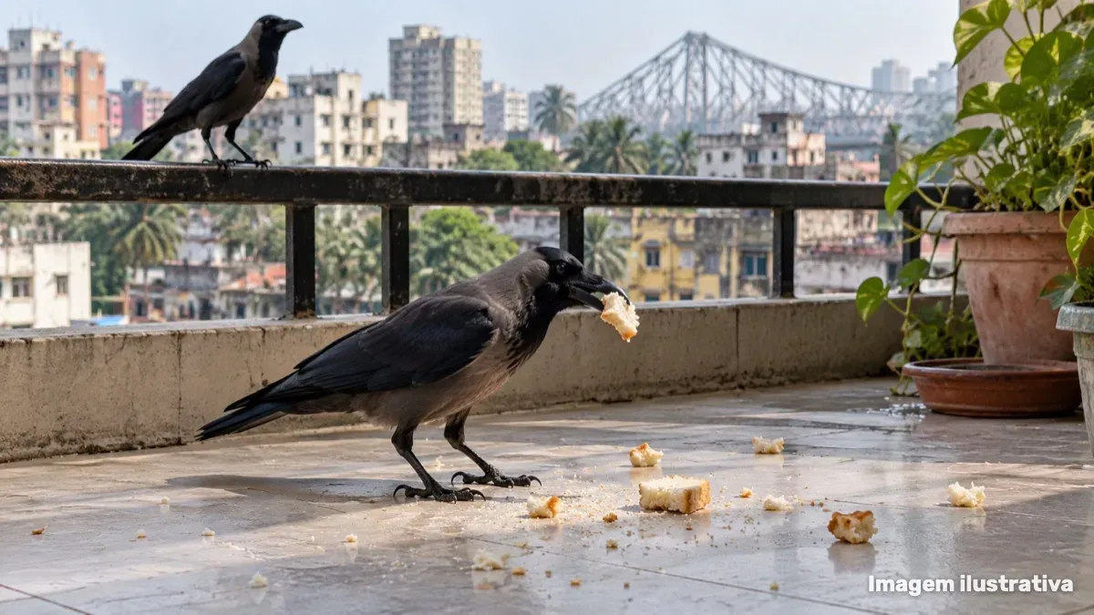 Mulher relata que corvos deixaram pão na varanda após ela pa