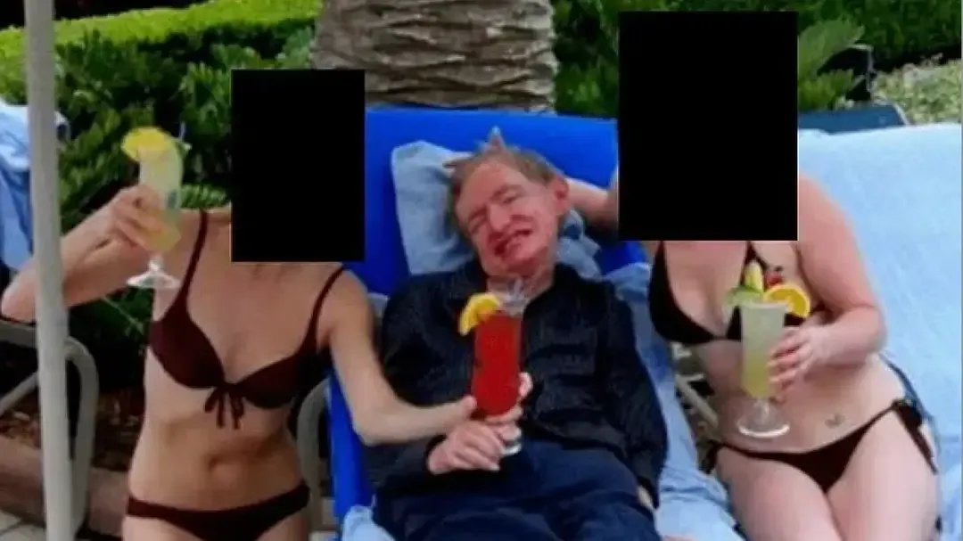 O professor Stephen Hawking é visto com duas mulheres de biq