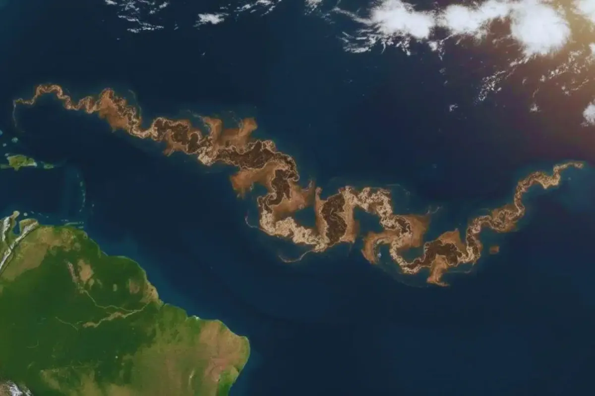 Surge uma faixa marrom enorme entre o Brasil e a África. Não